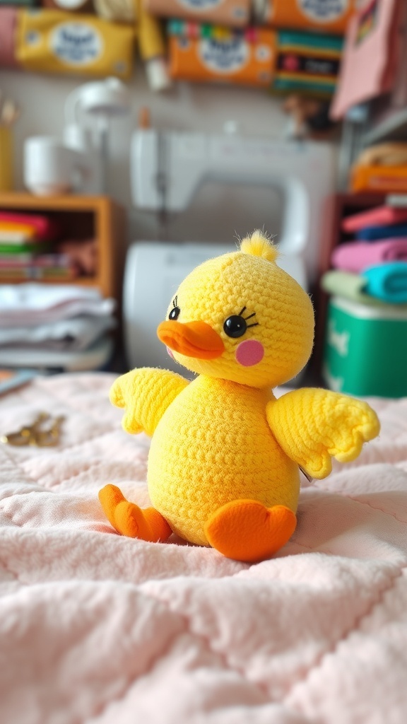 A bright yellow plush duck toy with orange feet on a pastel blanket, surrounded by sewing supplies.